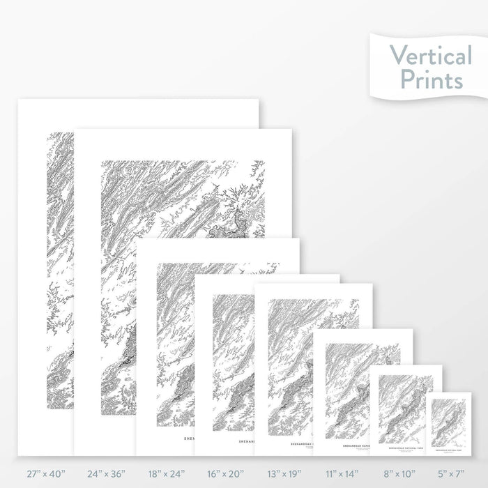 Side-by-side comparison of 8 dimension options for adventure travel art. Prints are decorative topographic maps of Shenandoah National Park.