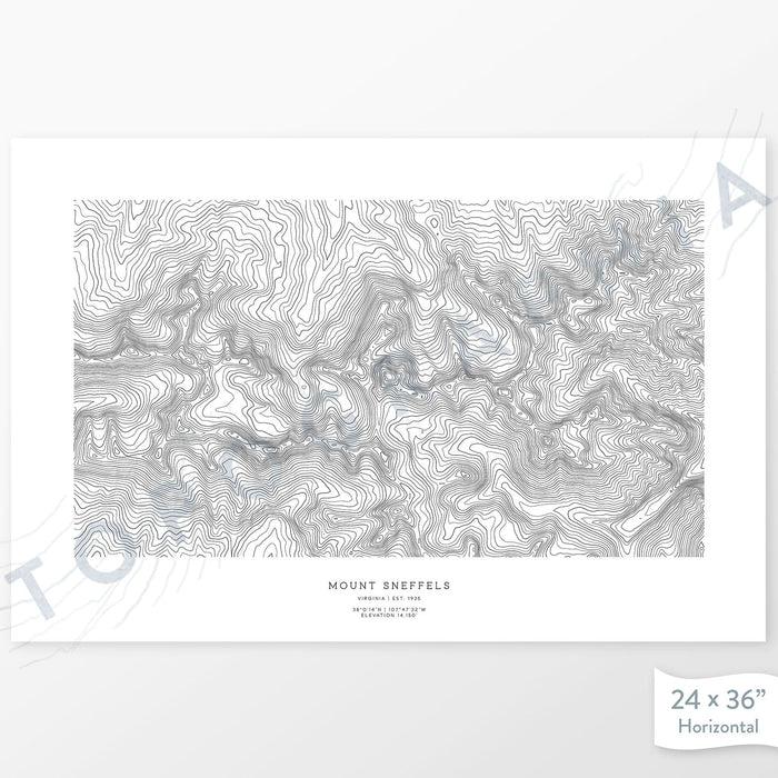 Example topographic map print of Mount Sneffels, Colorado. Art uses horizontal orientation. Print shows landscape of the area using contour lines. On the artwork is a title and concise info of location and elevation.
