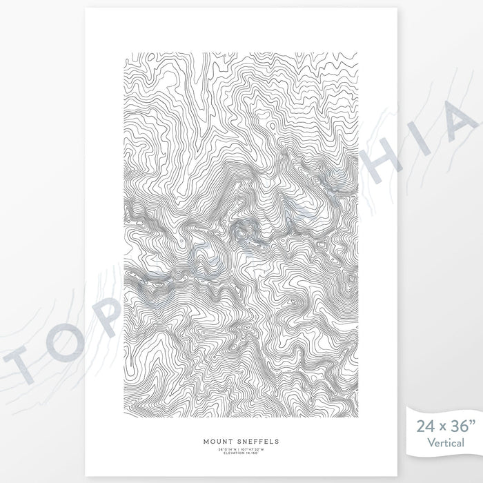 Example art map print of Mount Sneffels, Colorado. Art uses verticle orientation. Print shows landscape of the area using elevation data. On the artwork is a title and concise info of location and elevation. Custom map decor