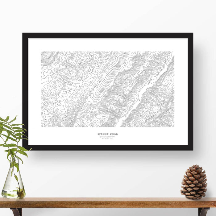 Framed black and white print of Spruce Knob, West Virginia topography art. Text can be added to create a custom map poster as a travel gift.