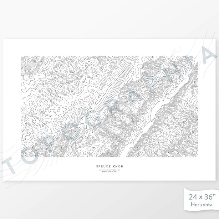 Mountain art print of Spruce Knob, West Virginia with a topographic map. Black contour lines on a white background.