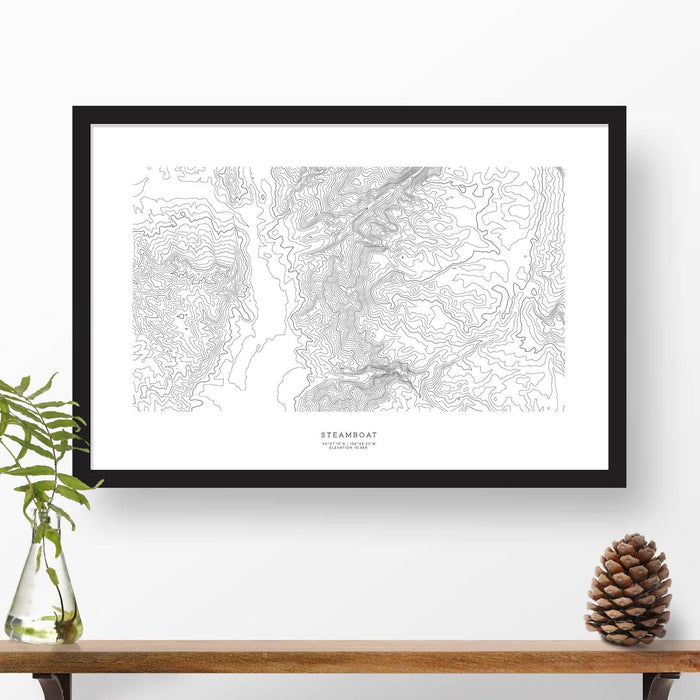 Steamboat Ski Resort, Colorado topographic map art poster with black frame.