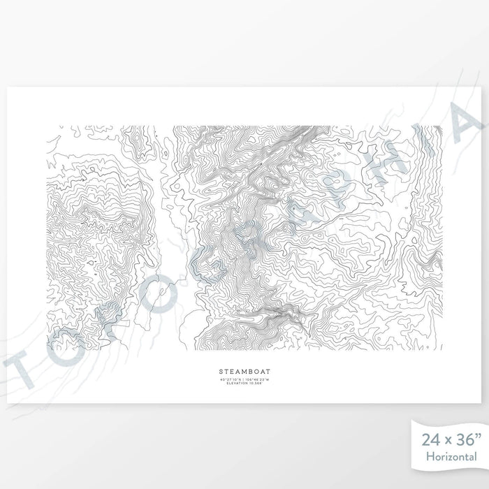 Example topographic map print of Steamboat Ski Resort, Colorado. Art uses horizontal orientation. Print shows landscape of the area using contour lines. On the artwork is a title and concise info of location and elevation.