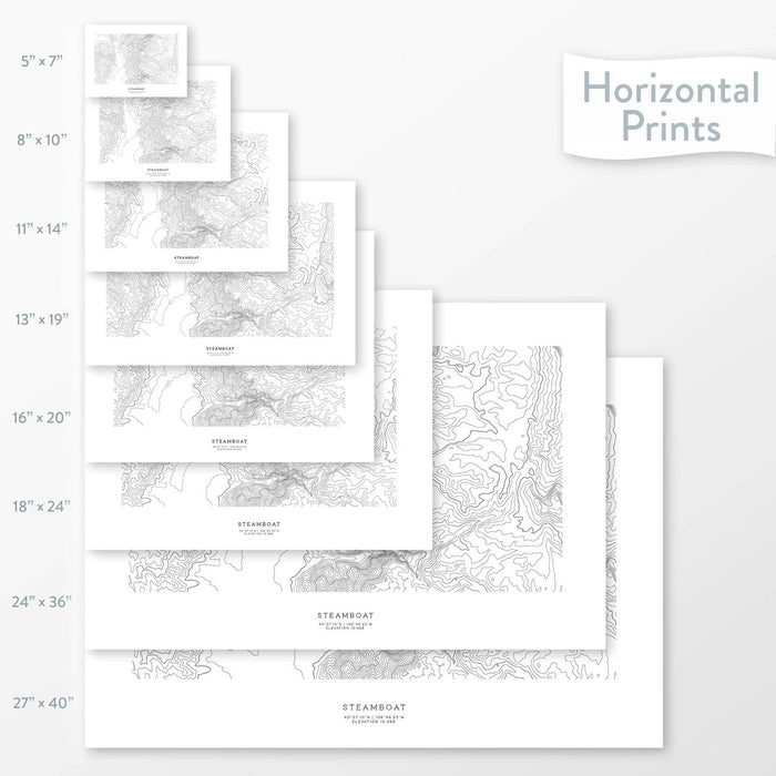 Topographic maps of Steamboat Ski Resort, Colorado in multiple sizes, available as posters, framed print, and canvas or framed canvas.