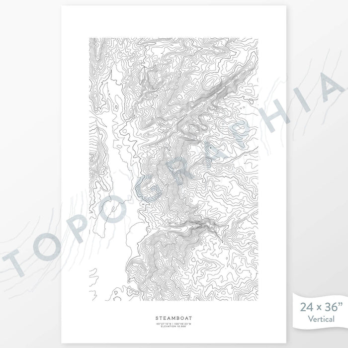 Example art map print of Steamboat National Park. Art uses verticle orientation. Print shows landscape of the area using elevation data. On the artwork is a title and concise info of location and elevation. Custom map decor