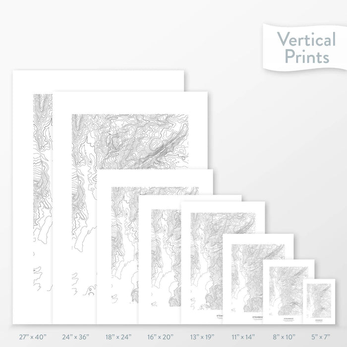 Topographic map art of Steamboat Ski Resort, Colorado available to buy as posters, framed posters, and wrapped canvas wall art. Sized at 5x7, 8x10, 11x14, 16x20, 18x24, 24x36, and 27x40 inches.
