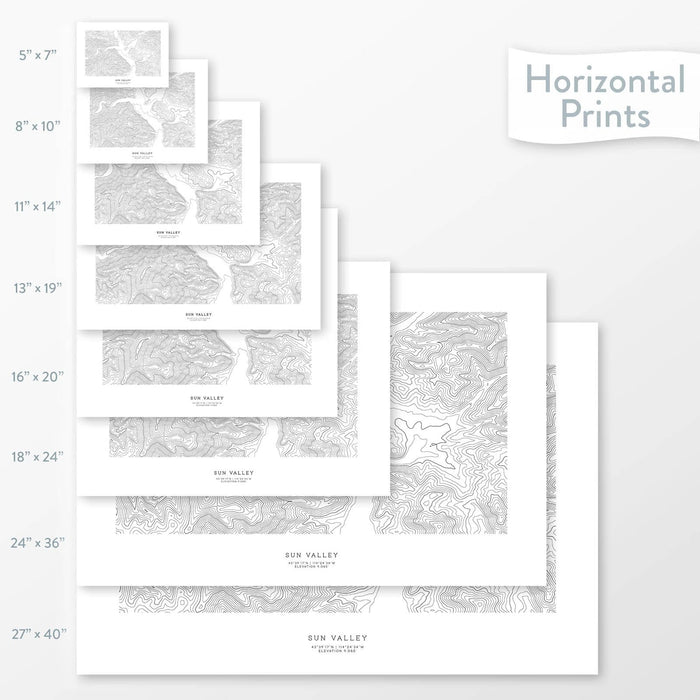 Topographic maps of Sun Valley, Idaho ski area in multiple sizes, available as posters, framed print, and canvas or framed canvas.