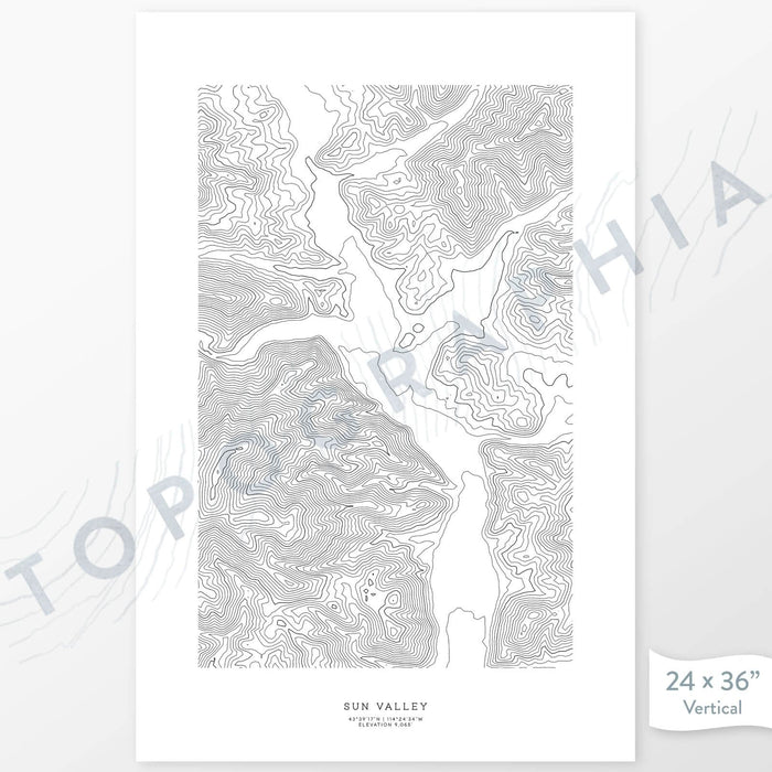 Example art map print of the Sun Valley, Idaho ski area. Art uses verticle orientation. Print shows landscape of the area using elevation data. On the artwork is a title and concise info of location and elevation. Custom map decor