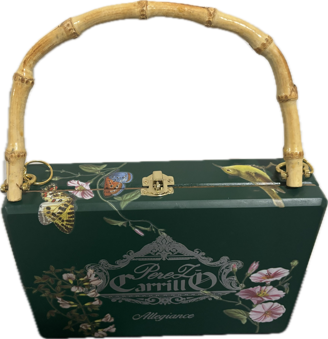 Handmade Cigar Box Purse - Floral Upcycled Evening Bag, Bamboo Handle, Unique Vintage Style Pocketbook