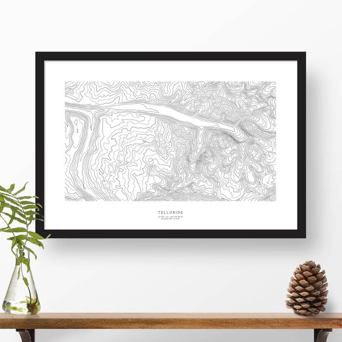 Framed black and white print of Telluride Ski Resort, Colorado with topography art.