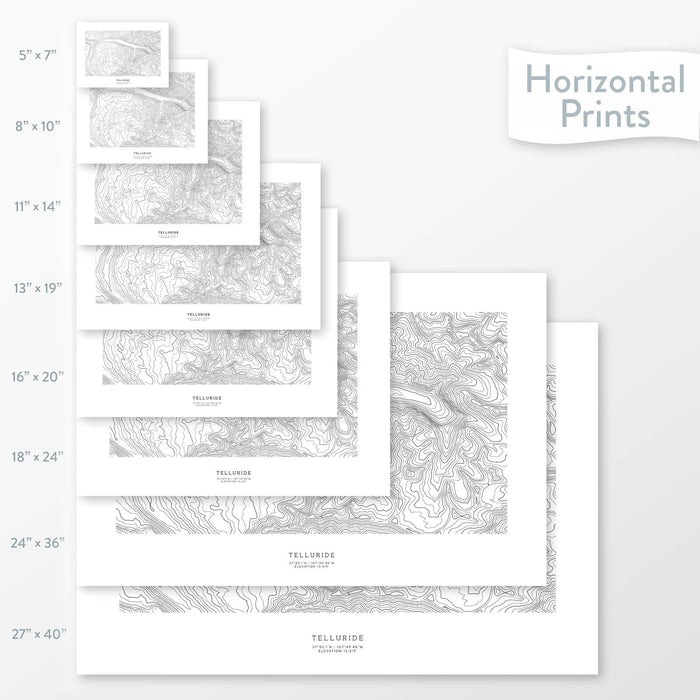 Topographic maps of Telluride Ski Resort, Colorado in multiple sizes, available as posters, framed print, and canvas or framed canvas.