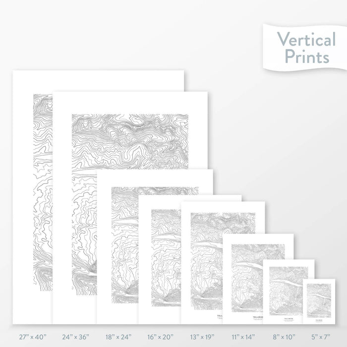 Topographic map art of Telluride Ski Resort, Colorado available to buy as posters, framed posters, and wrapped canvas wall art. Sized at 5x7, 8x10, 11x14, 16x20, 18x24, 24x36, and 27x40 inches.
