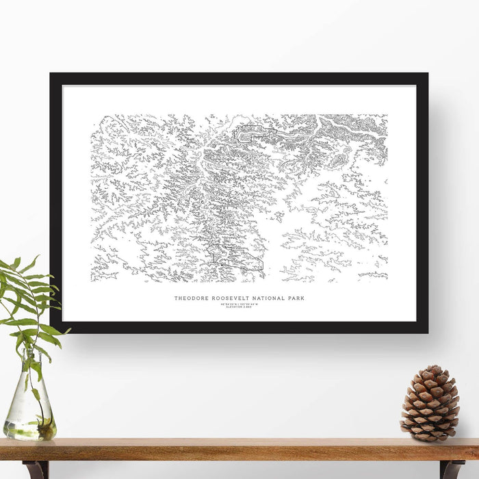 Theodore National Park topographic map art poster with black frame.