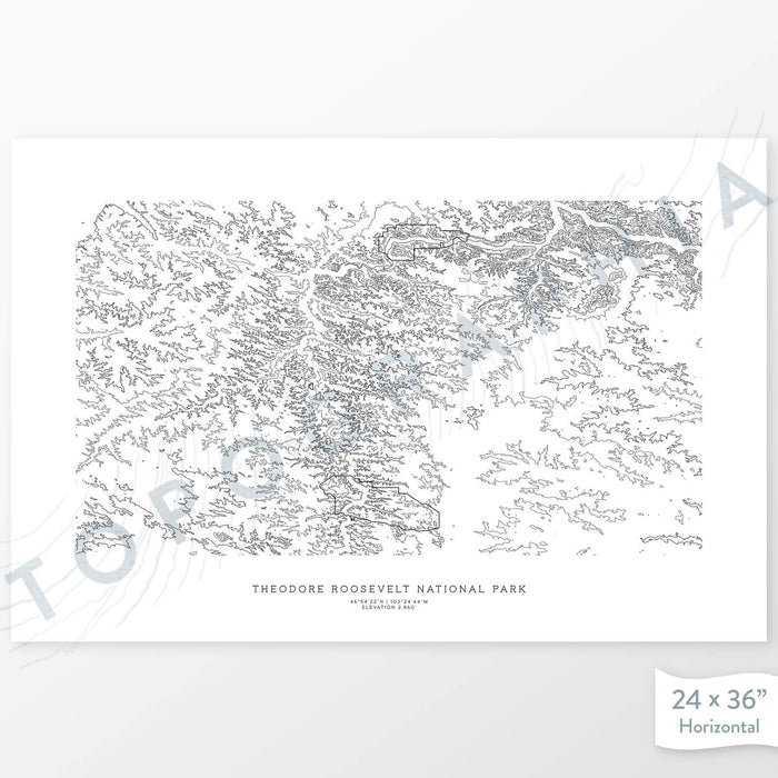 Horizontal Theodore Roosevelt National Park poster with topography.