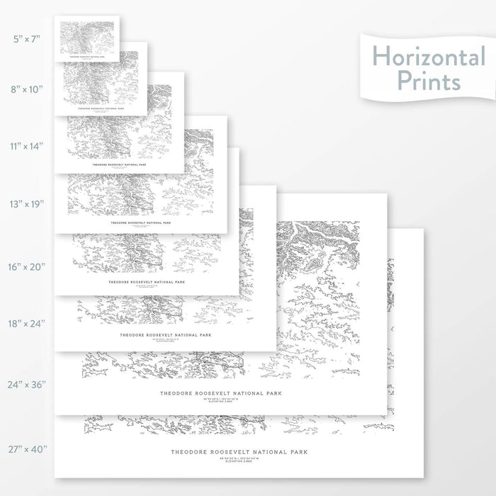 All sizes of horizontal prints for Theodore Roosevelt National Park poster with topographic map.