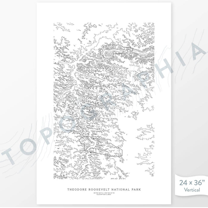 Theodore National Park poster with black and white contour lines to represent topography