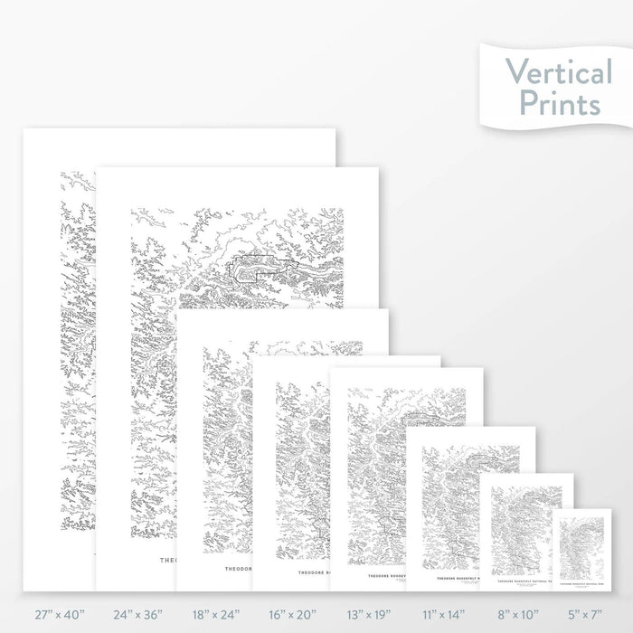 6 sizes of Theodore Roosevelt National Park poster that features a topographic map design.
