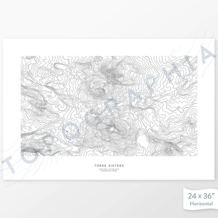 Horizontal custom topo map print of the Three Sisters, Oregon. Contour lines show the mountain topography of the area. Mountain map art.