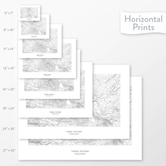 Mountain art of Three Sisters, Oregon. Map wall decor is available in multiple sizes: 5x7, 8x10, 11x14, 16x20, 18x24, 24x36, and 27x40.