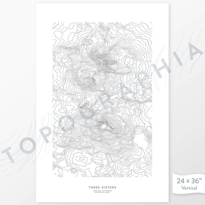 Three Sisters, Oregon poster with topograpy contour lines in black on a white background. Customizable text makes it a great map art gift idea.