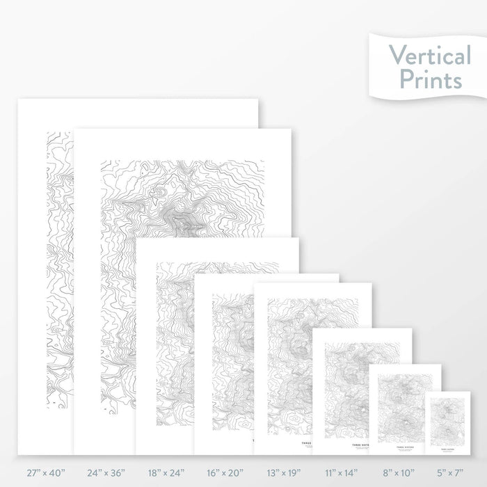 Side-by-side comparison of 8 dimension options for adventure travel art. Prints are decorative topographic maps of the Three Sisters in Oregon.