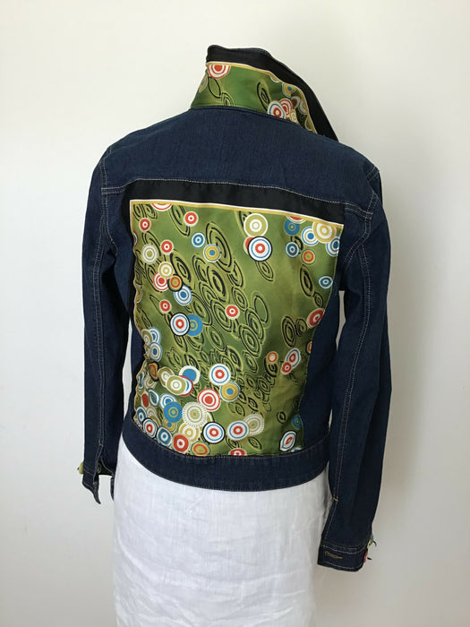 Denim jean jackets with green scarf