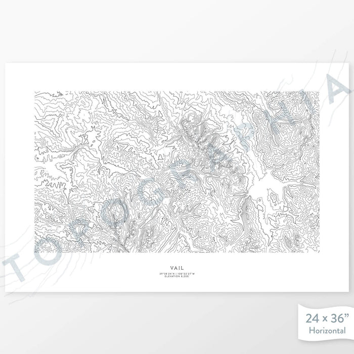 Mountain art print of Vail Ski Resort, Colorado with a topographic map. Black contour lines on a white background.