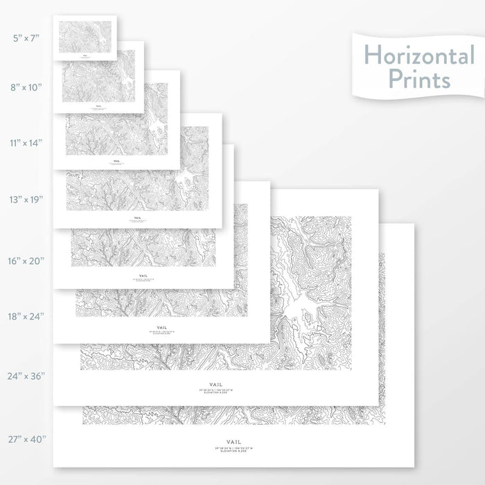 Available sizes for Vail Ski Resort, Colorado topographic maps. 5x7, 8x10, 11x14, 16x20, 18x24, 24x36, and 27x40 posters shown. as black and white prints on a gray background.