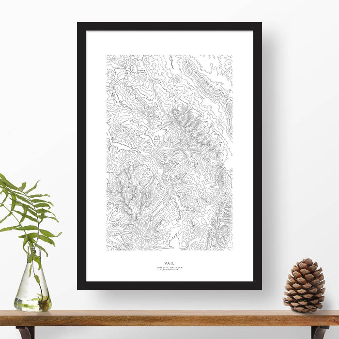 Vail Ski Resort topographic map poster, 24 inches by 36 inches, in a vertical orientation, with a black solid wood ready-to-hang frame.