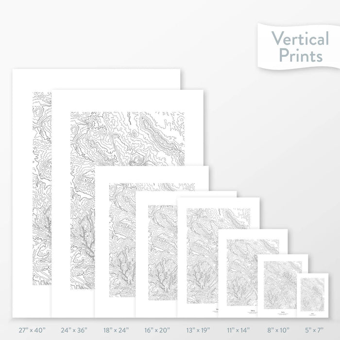 Available sizes for Vail Ski Resort, Colorado topographic maps. 5x7, 8x10, 11x14, 16x20, 18x24, 24x36, and 27x40 posters shown. as black and white prints on a gray background.