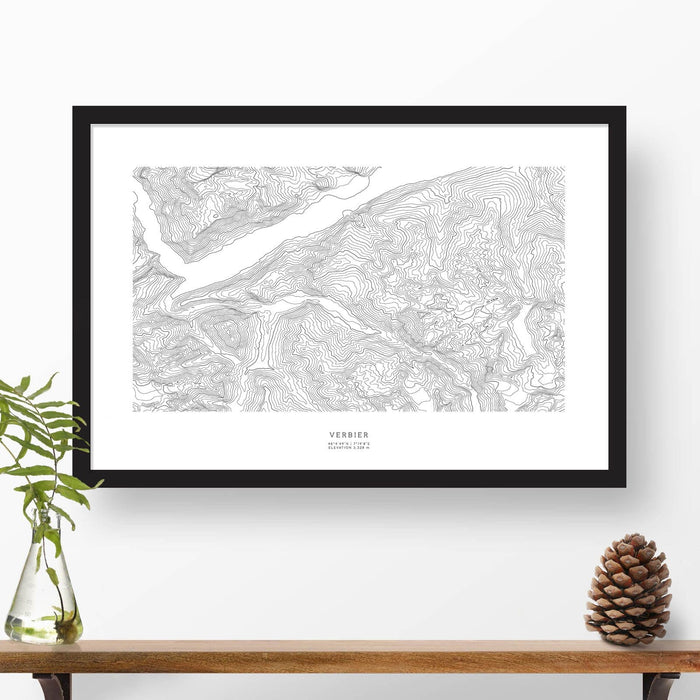 Framed travel art of Verbier, Swiss Alps, Switzerland, featuring topography map art in black and white.