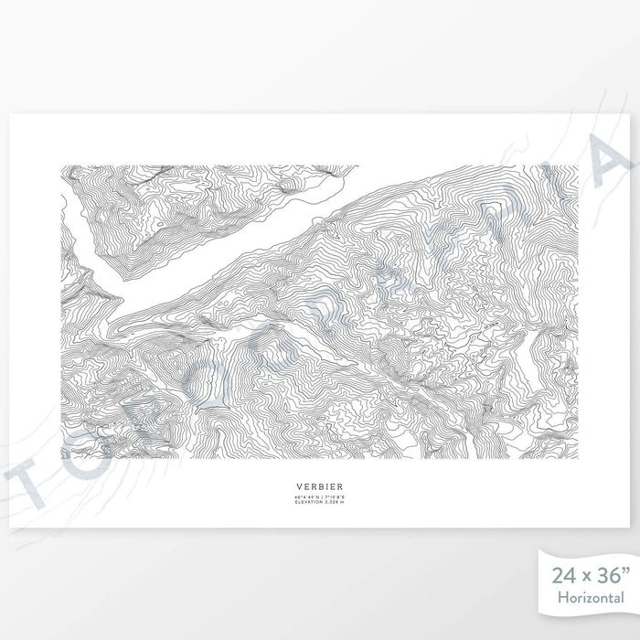 Ski area print of Verbier in the Swiss Alps with a topographic map. Black contour lines on a white background.