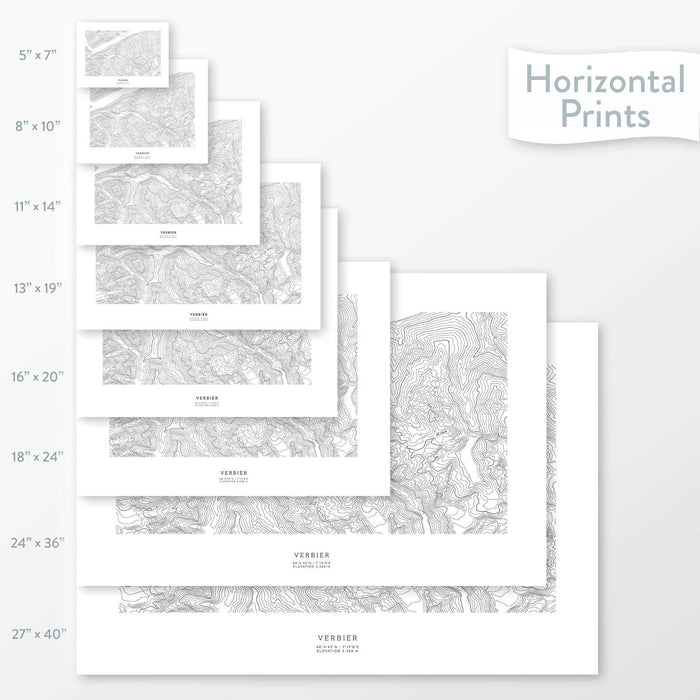 Decorative maps in many sizes of Verbier, Swiss Alps topography: 5x7, 8x10, 11x14, 16x20, 18x24, 24x36, and 27x40.