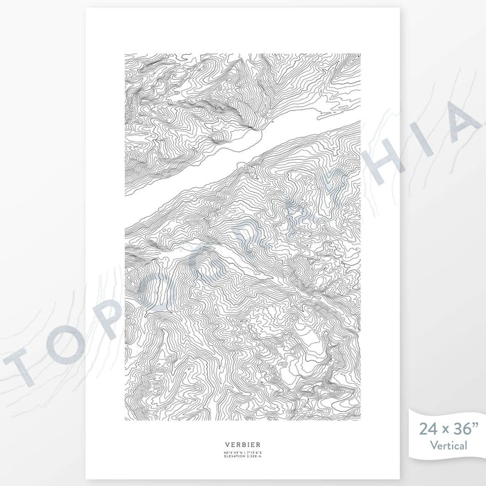 Vertical orientation Verbier, Swiss Alps, Switzerland poster with topographic map design.
