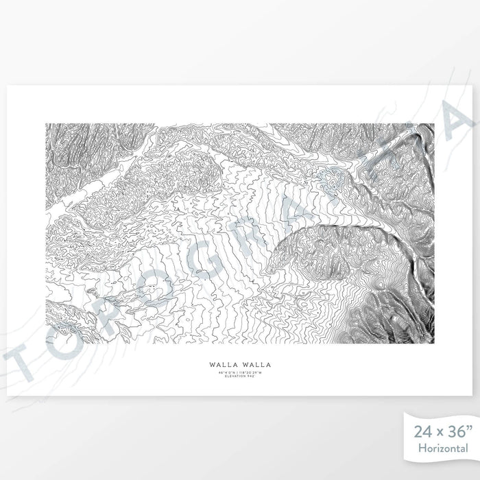 Print of Walla Walla, Washington with a topographic map. Black contour lines on a white background.