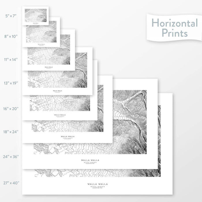 Decorative maps in many sizes of Walla Walla, Washington topography: 5x7, 8x10, 11x14, 16x20, 18x24, 24x36, and 27x40.