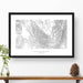 Map wall decor in a black frame. Contour lines of the Wallowa Mountains in Oregon are drawn on a white background. Text  below the map can be customized to create custom adventure art.