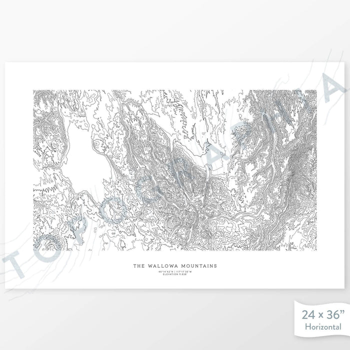 Map wall decor of the Wallowa Mountains in Oregon and Washington with modern map art in black and white.