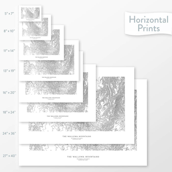 Available sizes for Wallowa Mountains, Oregon topographic maps. 5x7, 8x10, 11x14, 16x20, 18x24, 24x36, and 27x40 posters shown. as black and white prints on a gray background.