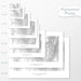 Available sizes for Wallowa Mountains, Oregon topographic maps. 5x7, 8x10, 11x14, 16x20, 18x24, 24x36, and 27x40 posters shown. as black and white prints on a gray background.