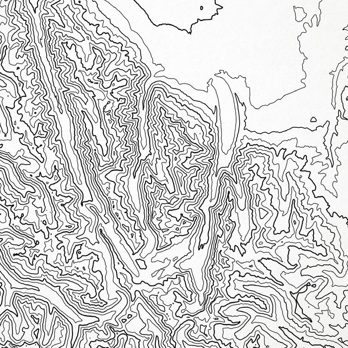 Close-up of black labels and contour lines for Wallowa Mountains poster with map art.