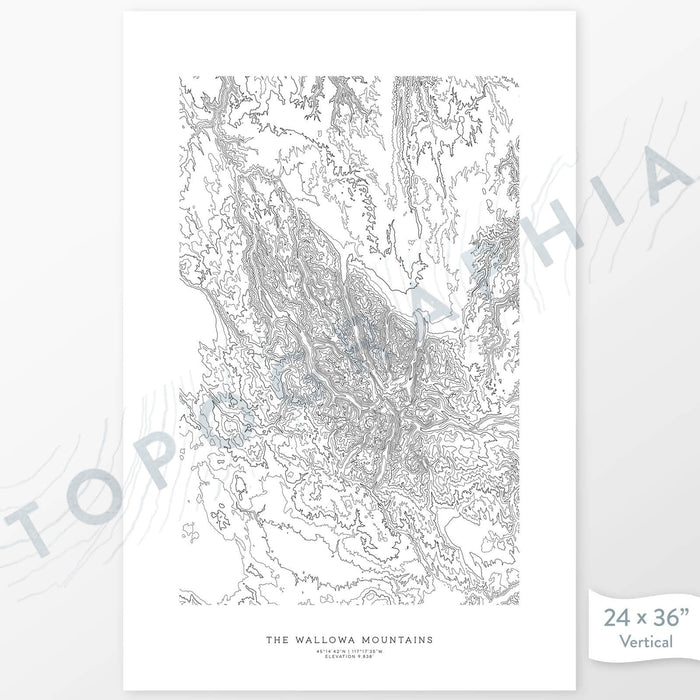 Vertical orientation Wallowa Mountains, Oregon poster with topographic map design.