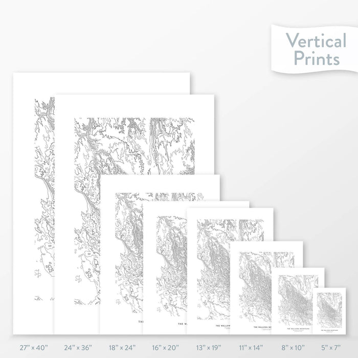 Available sizes for Wallowa Mountains topographic maps. 5x7, 8x10, 11x14, 16x20, 18x24, 24x36, and 27x40 posters shown. as black and white prints on a gray background.