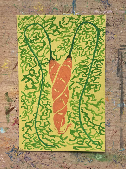 "cuddling carrots" - original mixed media pieces