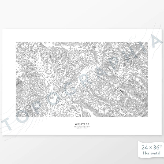 Mountain art print of Whistler-Blackcomb Ski Resort with a topographic map. Black contour lines on a white background.