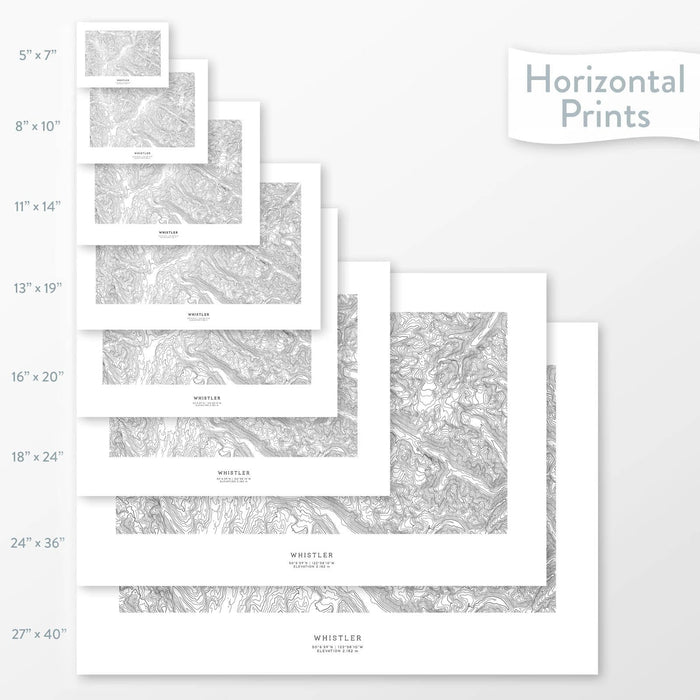Available sizes for Whistler-Blackcomb Ski Resort topographic maps. 5x7, 8x10, 11x14, 16x20, 18x24, 24x36, and 27x40 posters shown. as black and white prints on a gray background.