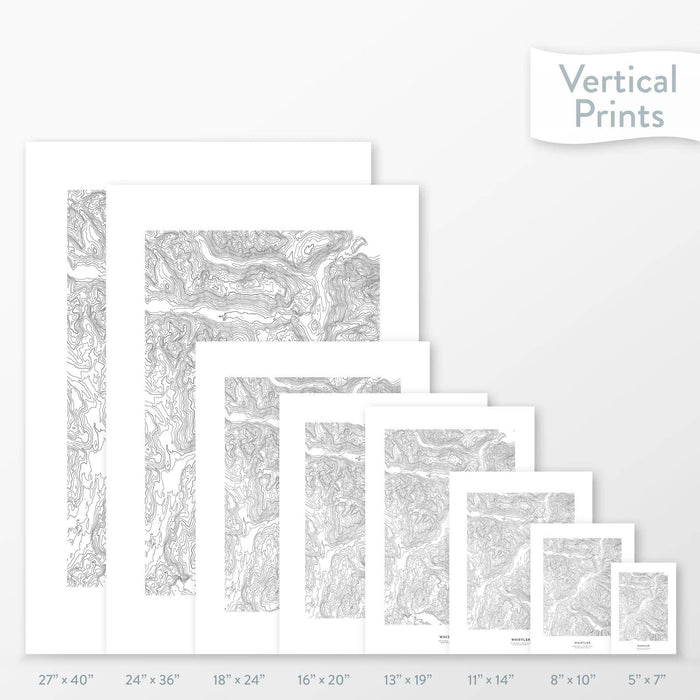 Available sizes for Whistler-Blackcomb Ski Resort topographic maps. 5x7, 8x10, 11x14, 16x20, 18x24, 24x36, and 27x40 posters shown. as black and white prints on a gray background.