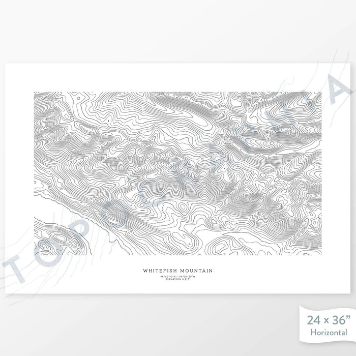 Horizontal custom topo map print of Whitefish Mountain, Montana. Contour lines show the steep topography of the area. Mountain map art.