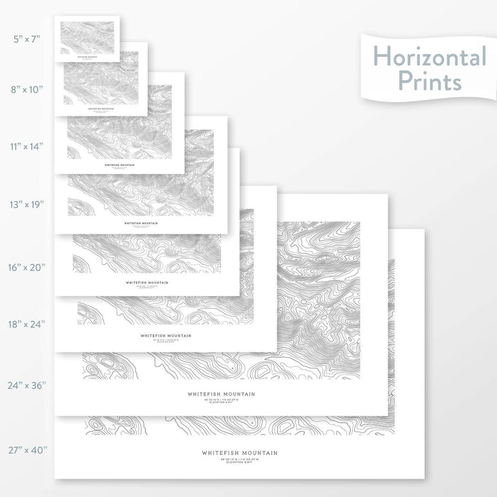 Mountain art of Whitefish Mountain, Montana. Map wall decor is available in multiple sizes: 5x7, 8x10, 11x14, 16x20, 18x24, 24x36, and 27x40.