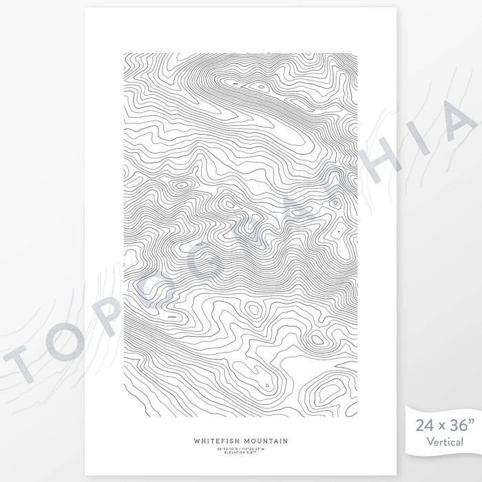 Whitefish Mountain, Montana poster with topograpy contour lines in black on a white background. Customizable text makes it a great map art gift idea.